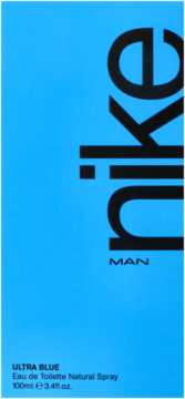 Pionowe, intensywnie niebieskie opakowanie Nike Ultra Blue 100ml EDT z czarnym napisem "nike MAN".