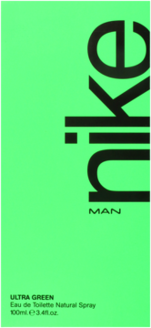 Nike Ultra Green Man woda toaletowa w jasnym zielonym pudełku z czarnym napisem, widok z przodu.