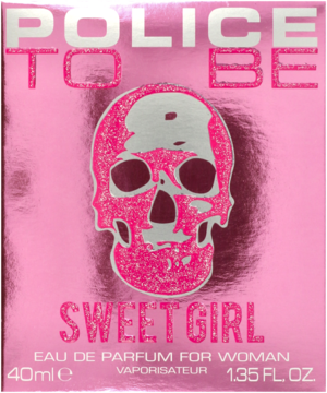 Police To Be Sweet Girl, różowe pudełko perfum dla kobiet 40ml, z brokatową czaszką, widok z przodu.