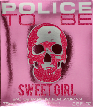 Różowe, błyszczące opakowanie perfum Police To Be Sweet Girl 75ml, z dużą czaszką, widok z przodu.