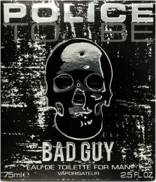Opakowanie Police To Be Bad Guy, męska woda toaletowa, czarno-srebrny wzór z grafiką czaszki, widok z przodu.