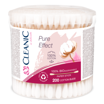 Cleanic Pure Effect patyczki higieniczne 200 szt., białe, w przezroczystym pojemniku, etykieta z bawełną, biodegradowalne.