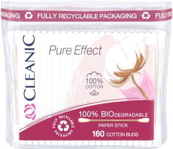 Cleanic Pure Effect patyczki higieniczne, 160 szt., widok z przodu. Bawełna, biodegradowalny papier, recyklingowe opak.