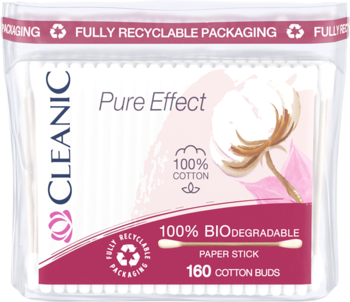 Cleanic Pure Effect patyczki higieniczne, 160 szt., widok z przodu. Bawełna, biodegradowalny papier, recyklingowe opak.