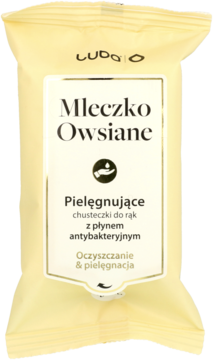Kremowe chusteczki antybakteryjne Mleczko Owsiane LUBO, przód opakowania, napis Oczyszczanie & pielęgnacja.
