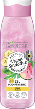Bielenda Vegan Smoothie żel pod prysznic, różowy brokatowy płyn, arbuz i banan, widok z przodu.