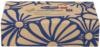 Chusteczki higieniczne Aimantte 100% z recyklingu, pudełko kraft z niebieskim wzorem kwiatów, widok z góry.