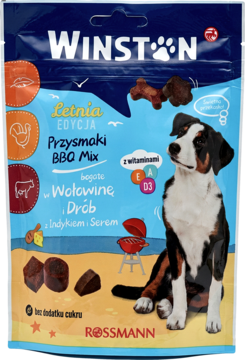 Winston Letnia Edycja Przysmaki BBQ Mix dla psa Rossmann, niebieskie opakowanie z psem i kąskami.