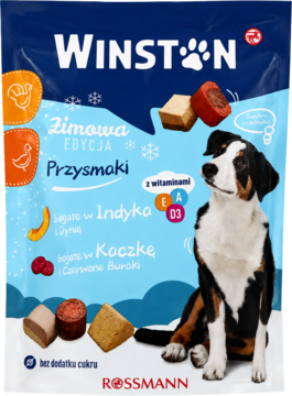 Niebieska torebka przysmaków Winston Zimowa Edycja dla psa. Widoczny pies, indyk, dynia, kaczka, buraki. Bez cukru, Rossmann.