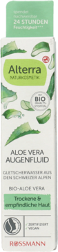 Alterra Aloe Vera Augenfluid, białe pudełko z grafiką aloesu, widok przód. 24h nawilża suchą skórę.