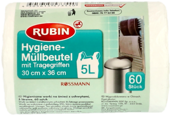 Białe opakowanie worków na śmieci Rubin Hygiene 5L z uchwytami, turkusowy napis, widok z przodu, 60 sztuk.