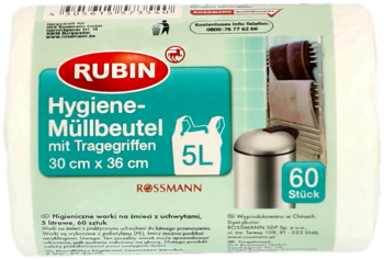 Białe opakowanie worków na śmieci Rubin Hygiene 5L z uchwytami, turkusowy napis, widok z przodu, 60 sztuk.
