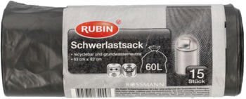 Czarna rolka worków na śmieci Rubin Schwerlastsack (60L, 15 szt.), z widoczną etykietą produktu, widok z przodu.