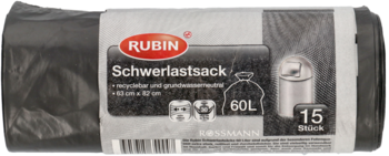 Czarna rolka worków na śmieci Rubin Schwerlastsack (60L, 15 szt.), z widoczną etykietą produktu, widok z przodu.