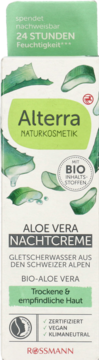 Alterra Aloe Vera Nachtcreme, krem do twarzy dla suchej skóry, jasne opakowanie z grafiką aloesu, widok z przodu.
