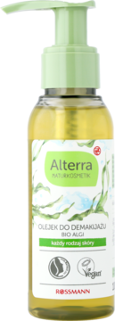 Alterra Olejek oczyszczający z algą BIO, do wszystkich rodzajów skóry, w butelce z zieloną pompką, z przodu.