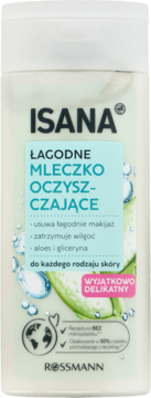 Biała butelka Isana Łagodne Mleczko Oczyszczające z etykietą aloesową i bąbelkami, widok z przodu.