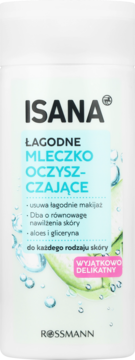 Biała butelka mleczka oczyszczającego Isana, wyjątkowo delikatne, z aloesem i gliceryną, front.