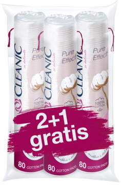 Trzy zafoliowane opakowania Cleanic Pure Effect 100% bawełnianych płatków kosmetycznych 80 szt., 2+1 gratis.