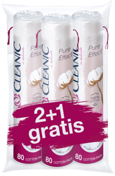 Trzy zafoliowane opakowania Cleanic Pure Effect 100% bawełnianych płatków kosmetycznych 80 szt., 2+1 gratis.