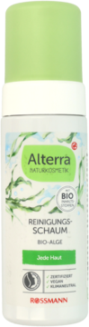 Alterra Bio-Alge pianka oczyszczająca w białej butelce z zieloną etykietą, wegańska, widok z przodu.