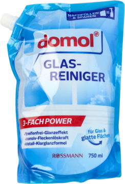 Niebieska saszetka uzupełniająca Domol Glas-Reiniger 750 ml, płyn do szyb z 3-fach Power, widok z przodu.