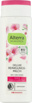 Alterra Deluxe mleczko oczyszczające z bio-orchideą do skóry dojrzałej i wymagającej, biała butelka, front.