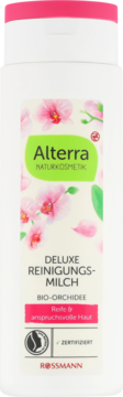 Biała butelka Alterra Deluxe Reinigungs-Milch Bio-Orchidee do skóry dojrzałej, certyfikowana, widok z przodu.
