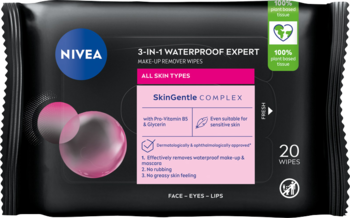 Nivea 3-in-1 Waterproof Expert chusteczki do demakijażu w czarnej paczce z różowym logo i opisem, widok z przodu.
