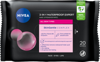 NIVEA 3-w-1 chusteczki do demakijażu wodoodpornego, czarne opakowanie, biodegradowalne włókna.