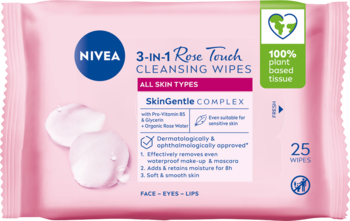NIVEA Rose Touch 3-w-1 chusteczki do demakijażu, różowe opakowanie, widok z przodu, 100% plant-based.