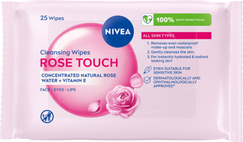 NIVEA Rose Touch 3w1 chusteczki oczyszczające, 25 szt. z wodą różaną, różowe opakowanie, widok z przodu.
