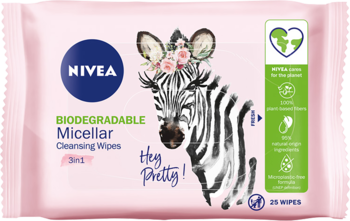 Różowe opakowanie chusteczek Nivea Biodegradable Micellar Wipes z grafiką zebry w kwiatach, widok z przodu, 25 szt.