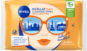 Pomarańczowe opakowanie chusteczek micelarnych NIVEA 3-w-1, z grafiką twarzy w okularach, widok z przodu.