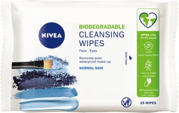 Białe opakowanie Nivea Biodegradable Cleansing Wipes do cery normalnej, z grafiką niebieskiego makijażu, widok z przodu.