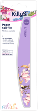 KillyS fioletowy papierowy pilnik do paznokci Floralove, 180/240, z motywem różowych magnolii, widok z przodu.