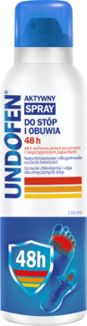 Undofen Aktywny Spray 48h do stóp i obuwia, biała butelka z niebieskim atomizerem, widok z przodu.