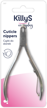KillyS Cuticle nippers, srebrne cążki na różowo-białym opakowaniu, widok z przodu. Idealne do precyzyjnego wycinania skórek.