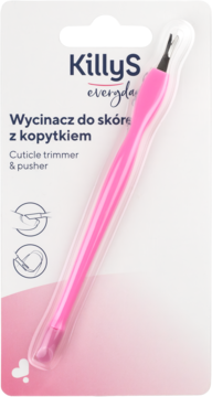 Różowy dwustronny wycinacz KillyS do skórek z gumowym kopytkiem, w blistrze, widok z przodu.