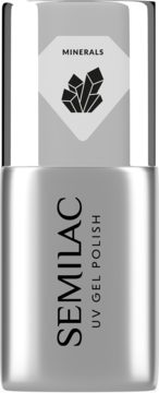 Semilac Mineral Strong Base UV gel polish w srebrnej butelce, widok z przodu, z ikoną minerałów na nakrętce.