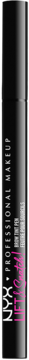 Czarny pisak do brwi NYX Professional Makeup Lift & Snatch w tubie, z białym i różowym napisem, widok z przodu.