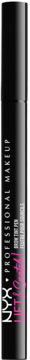Czarna tubka żelu do brwi NYX Professional Makeup Thick It. Stick It. z różowym napisem, pionowo.