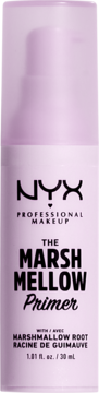 Lawendowa butelka NYX Professional Makeup The Marshmellow Primer z pompką, pionowo, widok z przodu.