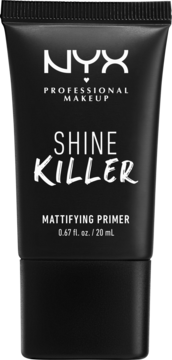 Czarna tuba matującego primera NYX Shine Killer z białymi napisami, ujęcie z przodu.