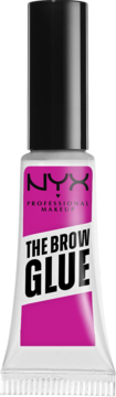 Biała tubka NYX The Brow Glue, z dużą różową etykietą, widok z przodu, logo NYX i napis 'PROFESSIONAL MAKEUP'.