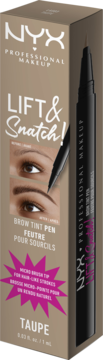 NYX Professional Makeup Lift & Snatch! Brow Tint Pen Taupe w beżowym opakowaniu z okienkiem i zdjęciami brwi.