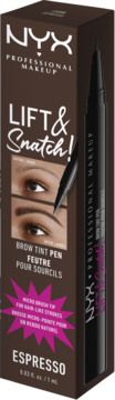 NYX Lift & Snatch! Brow Tint Pen Espresso w brązowym pudełku z mikro końcówką do włosków, widok z przodu.
