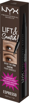 NYX Lift & Snatch! Brow Tint Pen Espresso w brązowym pudełku z mikro końcówką do włosków, widok z przodu.