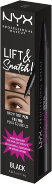 NYX LIFT & Snatch! Brow Tint Pen w kolorze Black, czarne pudełko z grafiką brwi, widok z przodu pod kątem.