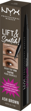 Pudełko NYX Lift & Snatch! Brow Tint Pen Ash Brown, brązowe, z grafiką oka i brwi, widok z przodu.